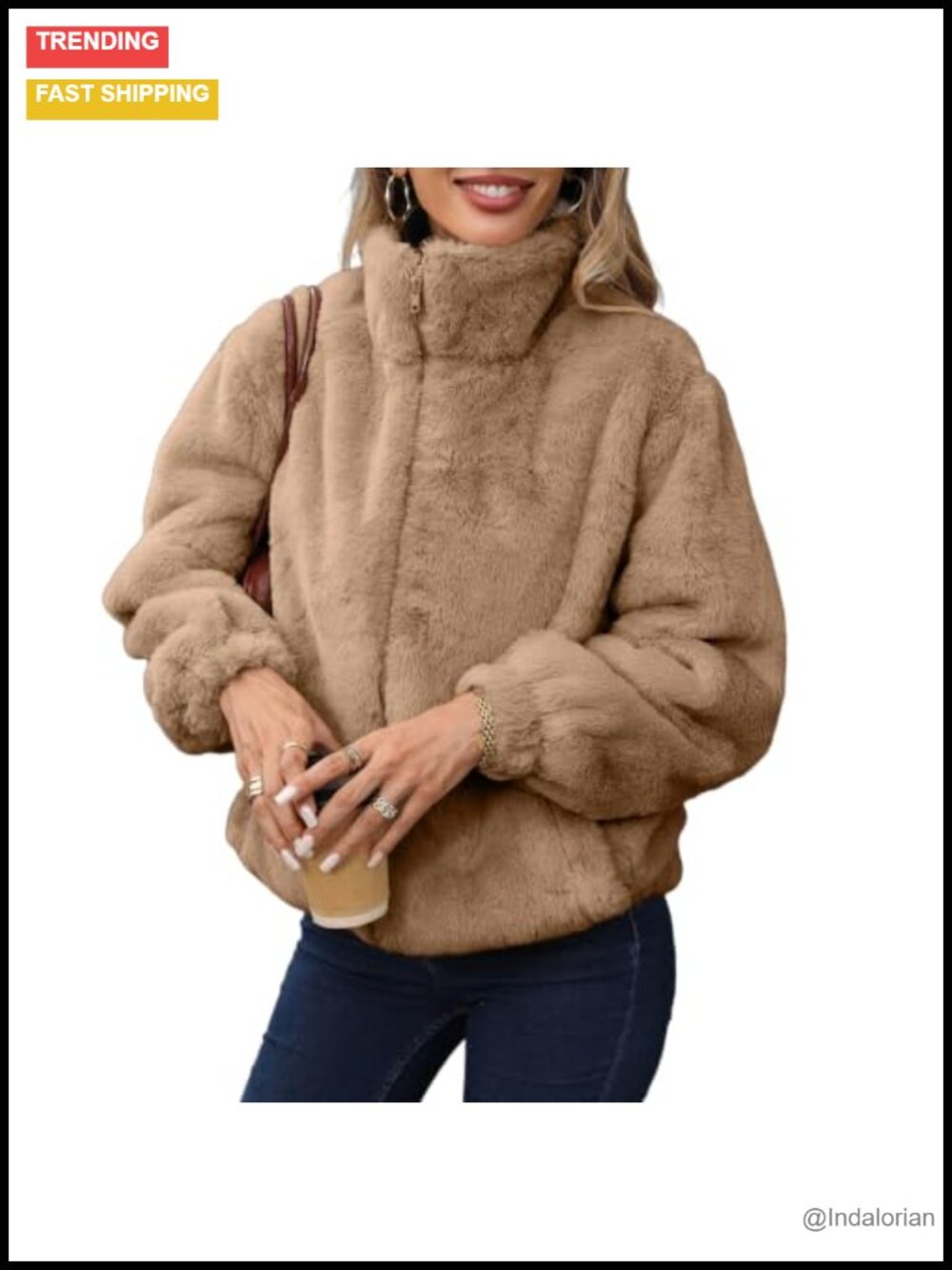 Faux Fur Cropped Zip-Up Winter Coat Fuzzy Fluffy Jacket